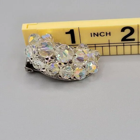 Vintage AB Aurora Borealis Crystal Curved Clip On Earrings 1940s - Picture 6 of 6